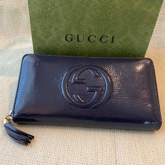GUCCI Handbags - GUCCI Soho Boston Wallet Long Navy Blue Patent Leather Women